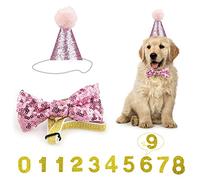 Dog Birthday Hat, Reusable Dog Cat Party Hat with Bow Tie Collar and Blue Number for Pet Puppy Cat Birthday Party Decorations, Pet Costumes Headwear Accessories (Pink)