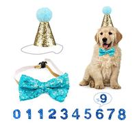 Fantasyon Dog Birthday Hat Kit With Bow Tie Collar and Blue Number - Reusable Cap for Puppy Cat Party Decor - Pet Costume Headwear Accessories (Blue)