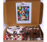 DOG BIRTHDAY PARTY POOCH DOG TREAT GIFT BOX FILLED WITH PET SAFE CHOCS BISCUIT HEARTS DOGGY SAUSAGES AND A CRUNCHY BIRTHDAY CAKE STYLE CHEW