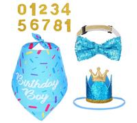 Dog Birthday Party Supplies, Blue Birthday Bandana Scarf, Dog Birthdays Crown Hat and Cute Bow Tie Puppy Pet Celebration Party Accessories with Number Decorations for Small Dogs