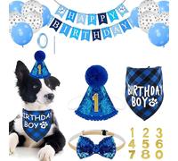 Dog Birthday Party Supplies, Dog Birthday Bandana, Happy Birthday Banner, Triangle Scarf, Paw Print Balloon, Cute Bowtie for Pet, Party Accessories for Small Medium Large Dogs Pets (A)