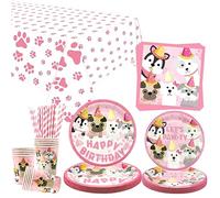 Dog Birthday Party Supplies Pink Puppy Birthday Decorations with Puppy Paw Pattern Tablecloth, Plates Cups Napkins Straw, Serves 20