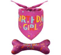 Dog Birthday Present, Two Piece Set with Pink Bandana and Bone Toy, Ideal for Small to Medium Dogs Birthday Celebrations, Photo Sessions and Training Activities, Bandana Size 76 cm by 52 cm and Bone S