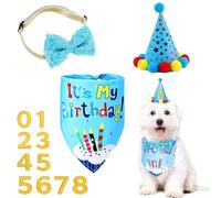 Dog Birthday Set 4Pcs Adjustable Party Hat Bandana Bow Tie with Number Stickers (Blue, One Size)