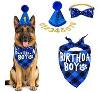 Dog Birthday Set Reusable Pet Party Decorations with Dog Birthday Hat Adjustable Bow Tie Bandana and Custom Gold Number Stickers Dog Birthday Decorations for Small Medium Dogs Blue
