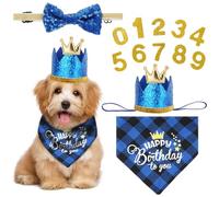 Dog Birthday Set with Blue Plaid Bandana, Bowtie & Crown Hat, Numbers 0-9, for Small to Large Pets