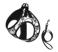 Dog Black And White Skulls Pattern Printed Harness And Leash Set,Adjustable,Breathable Soft,Step-In Mesh Pet Vest Harness With Reflective Strip