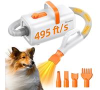 Dog Blow Dryer for Pet Grooming - Maximum 495ft/s High Velocity Pet Blow Dryer with Cool-Warm-Hot Cycle Mode, Adjustable Temp & Speed, Dog Dryer with 4 Nozzles and Up to 6.56ft Flexible Hose