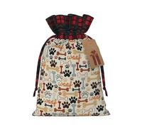 Dog Bones Paw Prints Print Christmas Party Gift Bags, Linen Drawstring Xmas Holiday Wedding Treat Candy Jewelry Sacks, Color Blocking Plaid Fabric