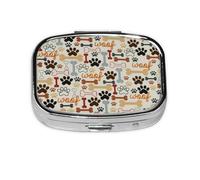 Dog Bones Paw Prints Print Square Metal Pill Box Decorative Pill Case - Carry Your Meds in Style (Rectangular)