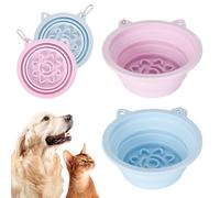 Dog Bowl Slow Feeder Foldable, 2 Pack with Suction Base - 450ml Portable Silicone Travel Dog Food & Water Bowl, Non-Slip & Collapsible for Outdoor, Walking, Camping (Pink & Blue)
