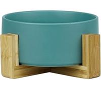 Dog Bowls Ceramic Elevated Raised Dog Feeding Food Dish with Wooden Stand Double Raised Cat Food and Water Bowls Anti Vomiting Pet Bowl with Anti Slip Anti-Spill (Green, Pack of Two)
