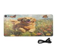 Dog Butterfly Meadow Yellow Print Heated Desk Mat Large Heated Non-Slip Desk Pad with 3 Heating Levels PU Leather Computer Keyboard Pad for Office Home, 31.5x13in