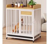 dog cage， Crate with Wheels Steel and Wood Frame Sturdy Locks Design Washable Bottom Tray Available in 4 Sizes(White,80 cm L x 60 cm W x 85 cm H)