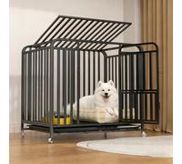 Dog Cage, Foldable Metal Dog Box with Removable Base Tray, Transport Box, Foldable Transport Cage with Wheels, Small, Medium and Large Animal Cages (Black, XL)