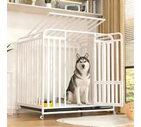 Dog Cage, Foldable Metal Dog Box with Removable Base Tray, Transport Box, Foldable Transport Cage with Wheels, Small, Medium and Large Animal Cages (White, XXL)