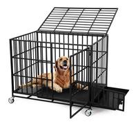 Dog Cage Heavy Duty Dog Crate Mesh Box 92 x 59 x 80 cm for Large Dogs with Double Doors, 4 Locking Wheels, Removable Shell and Sturdy Safety Lock