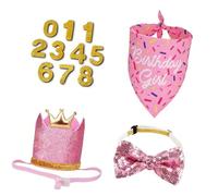 Dog Cake Smash Accessory Set with Wearable Birthday Hat, B | Crown Hat Bandana Neck Tie with Number Accents for Home Family Party Photos and Celebration Days