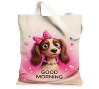 Dog Canvas Tote Bag for Women, Playful Cute Bow Hearts None Peach Washable Reusable Everyday Tote Bag Ideas for Travel Work, Peach, 13x15 Inch