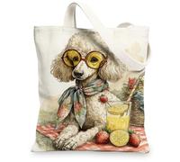 Dog Canvas Tote Bags, Cute Animal Design Reusable Bags, Vintage Floral Lightweight Washable Shoulder Strap for Gym Travel B, White, 13x15 Inch
