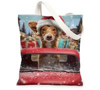 Dog Canvas Tote Bags, Cute Animal Print Reusable Shopping Bags, Festive Holiday Theme Lightweight Washable Shoulder for Tra, Red, 13x15 Inch