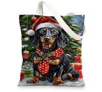 Dog Canvas Tote Bags, Cute Dachshund Holiday Pattern Reusable Shopping Bags, Fun Festive Lightweight Washable Shoulder Strap Canvas for Gym Outdoor Travel Beach 13x15 Inch