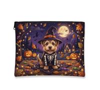 Dog Canvas with Zipper, Fanciful Festive Pumpkins Moon Halloween Orange Portable with Zipper Small Makeup Pouch for Travel, Bathroom, Vanity Organizer and Purse Storage, Orange, 7x9 Inch, Whimsical