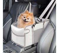 Dog Car Seat for Small Dogs, Portable Center Console Dog Car Seat with Washable Cushion, Adjustable Straps Puppy Car Seat Safety Leash and Storage Pocket Pet Booster Seat for Car- Beige