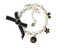 Dog Cat Collar Set, Adjustable Neck Strap Bling Full Diamond Crystal Cute Pearl Dog Collar for Small Girls Cats Puppy for Wedding(L-Black)
