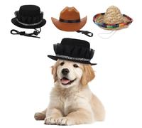 Dog Cat Costume Hats - 3 Pcs, Includes Mexican Sombrero Hat, Formal Felt Top Hat, and Cowboy Hat, Pet Hats with Adjustable Straps, 3 Styles, Costume Accessories for Parties, Photoshoots