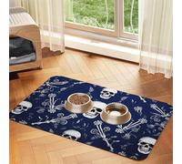 Dog Cat Food Mats Absorbent Pet Feeding Mat Quick Dry Dog Water Dispenser Mat Non-Slip Dogs Placemat Blue Skull and Bones Cats Food Bowl Mats Cat Feeder Pad Pet Accessories 15.7x23.6in