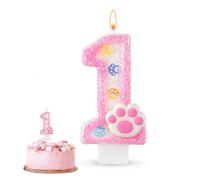Dog Cat Paw Print 1st Birthday Cake Topper, Pink White Number 1 Birthday Candle, Pet Theme Cake Decoration Topper, Dog Paw Patrol Style Cake Decor for Kids Pet 1st Birthday Party Supplies