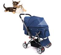 Dog/Cat/Pet Stroller 4-Wheel Reversible Handle Folding Carrier Durable Suitable for Small and Medium Pets (Blue)