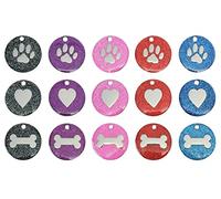 Dog Cat Pet Tag Engraved Reflective Collar ID Tags 25mm Glitter Various Designs (Pink, Paw)