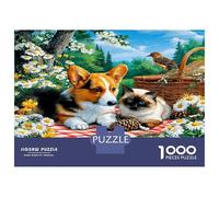 Dog Cat Picnic Daisy 1000pc Puzzle for Adults Joyful Outdoor Bond Classic Jigsaw Puzzle Recycled Cardboard Family Puzzle Lovers Brain Training Holiday Activity Office Break 70x50cm/10