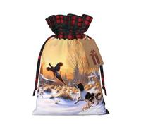 Dog Catching Pheasant Print Reusable Gift Bags with Drawstring – Xmas Holiday Party Favors Pouches for Christmas, Birthdays