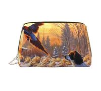 Dog Catching Pheasant Printed Makeup Bag for Women Portable Leather Make up Bag Travel Gold Zipper Cosmetic Bags Organizer