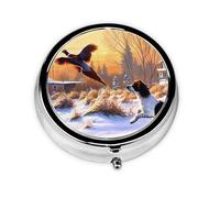 Dog Catching Pheasant Printed Round Travel Pill Box Cute Small Metal Pocket Pill Case for Men & Women 3 Compartment Portable Pill Organizer for Purse or Pocket