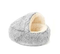 Dog Cave Bed for Small Dogs & Cats - Calming Plush Hooded Pet Bed with Anti-Slip Bottom, Washable Cozy Burrow Sleeping Bag for Puppies, Anxiety Relief & Warmth Shortpile+white-gray 65cm
