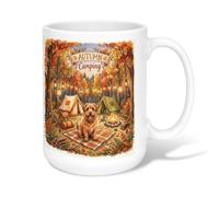 Dog Ceramic Coffee Mug, Autumn Camping Tent Campfire Autumn Orange Novelty Tea Mug with Handle Ideal for Friends Family Coworkers Teachers Couples Employees 15 Oz