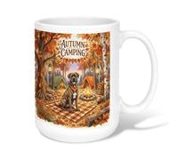 Dog Ceramic Coffee Mug, Autumn Camping Tent Fire Autumn Orange Novelty Work Drinking Mugs with Handle Ideal for Friends Family Co-worker Lovers Eldership Senior 15 Oz