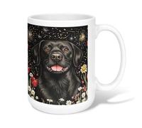 Dog Ceramic Coffee Mug, Festive Fanciful Flowers Hearts Celebration Black Novelty Office Drinking Cup with Handle Ideal for Friends Family Co-Worker Lovers Eldership Senior 15 Oz