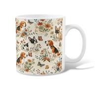 Dog Ceramic Coffee Mug, Nature Fanciful Butterfly Flower Spring Beige Novelty Tea Cup with Handle Ideal for Friendship Family Colleague Staff Sweetheart Teachers 11 Oz
