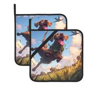 Dog Chasing Birds Pattern Square Insulated Pot Mat 2 Pieces Featuring a Convenient Side Hanging Rope for Easy Storage