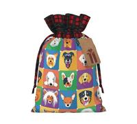 Dog Christmas Drawstring Linen Gift Bag Paired With Scottish Plaid Fabric, With A Delicate And Simple Texture