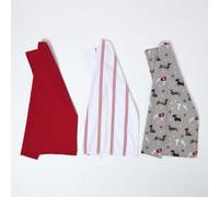 HOMESCAPES Set of 3 Christmas Tea Towels, Premium 100% Cotton Kitchen Dish Towels, Super Soft & Absorbent for Drying Cleaning Baking, Festive Red & White Christmas Dogs, Washable T Towels