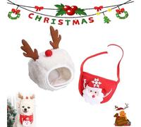 Dog Christmas Tree Hat, Christmas Tree Pom Hat and Rudolph Reindeer Bib Set, Adjustable Straps, Xmas Dog Head Covering Photo Props, Adorable Xmas Pom Hats (A,Large)