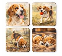 Dog Coaster Set, Beagle Theme, Watercolour Design, 9cm Square, MDF Material, Set of 4