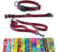 Dog Collar and Lead 180 cm for Medium and Large Dogs - Durable Polyester, Robust with D-Ring and Double Handle (Neck Circumference 36-42 cm, Red_Zebra_Reflective)