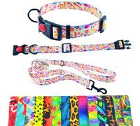 Dog Collar and Lead 180 cm for Medium and Large Dogs - Durable Polyester, Robust with D-Ring and Double Handle (Neck Circumference 36-42 cm, Flower)